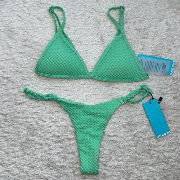 NWT OneOne Swimwear Bikini SET Green Texture Jade Small Skimpy Mint Elsie Laura - Picture 1 of 4